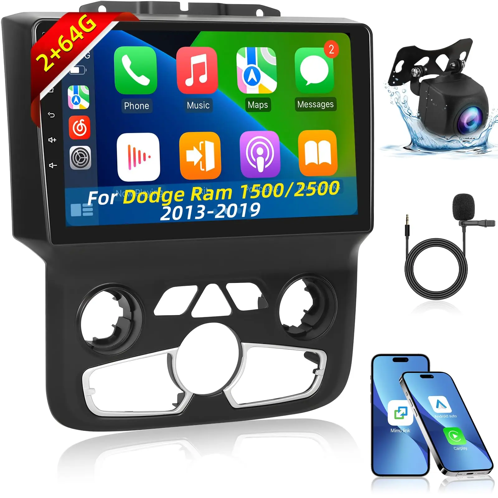 9-inch Front Touchscreen Car Audio System with Antenna for Dodge Ram (2013-2019 Automatic AC) - Android 13 Car Radio, Wireless CarPlay, Android Auto, GPS Navigation, WIFI, EQ, SWC, AHD Backup Camera