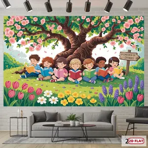 1pc 2D Flat, Classroom Banner - Kids Reading Under Blossoming Tree with Books, Pastel Colors - Durable Polyester Backdrop for School, Library, Birthday Parties