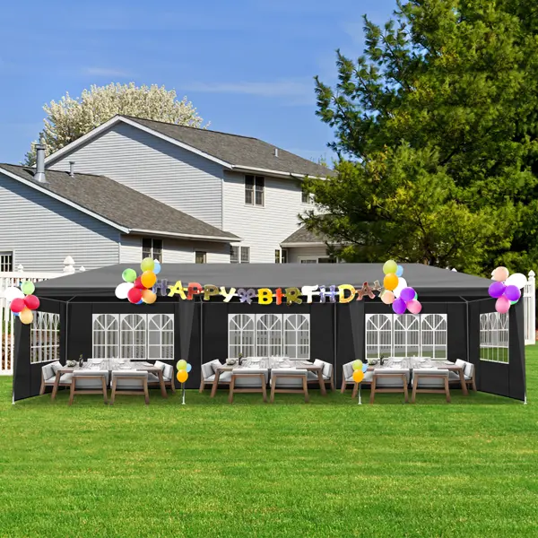 Large 10x30 Canopy Tent for Weddings, Outdoor Party Shelter (Black, 8 Sidewalls-10x30)10'x30' Outdoor Party Tent with 8 Removable Sidewalls, Waterproof Canopy Patio Wedding Gazebo Black