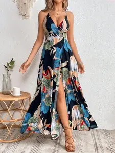 VCAY Tropical Print Plunging Neck Backless Wrap Hem Cami Dress fall dresses maya  jama Long Sleeve