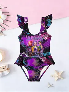 Girls' Huntrix Anime Girl Ruffle One-Piece Swimsuit, Cool Cartoon Print Beach Vacation Swimwear, Casual Fitted Sleeveless Bathing Suit
