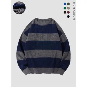 Men's Striped Drop Shoulder Sweater, Loose Casual Long Sleeve Round Neck Knitwear for Fall & Winter, Daily Fashion