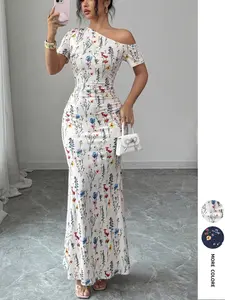 Asymmetrical Shoulder Floral Fish Tail Long Dress, Waist Cinch Slimming Pure Desire Butt Lift Dress, Chic Date Night Evening Dress, Beach Vacation Dress