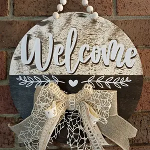Cowhide Welcome Doorhanger with Elegant Lace Bow and Beaded Trim Decorative Accessory