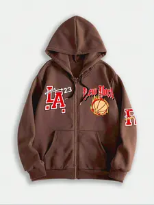 Basketball - Themed "LA & New York" Graphic Zip - up Hoodie, Trendy Streetwear with Sporty Vibe, TikTok - Popular Fashion Item