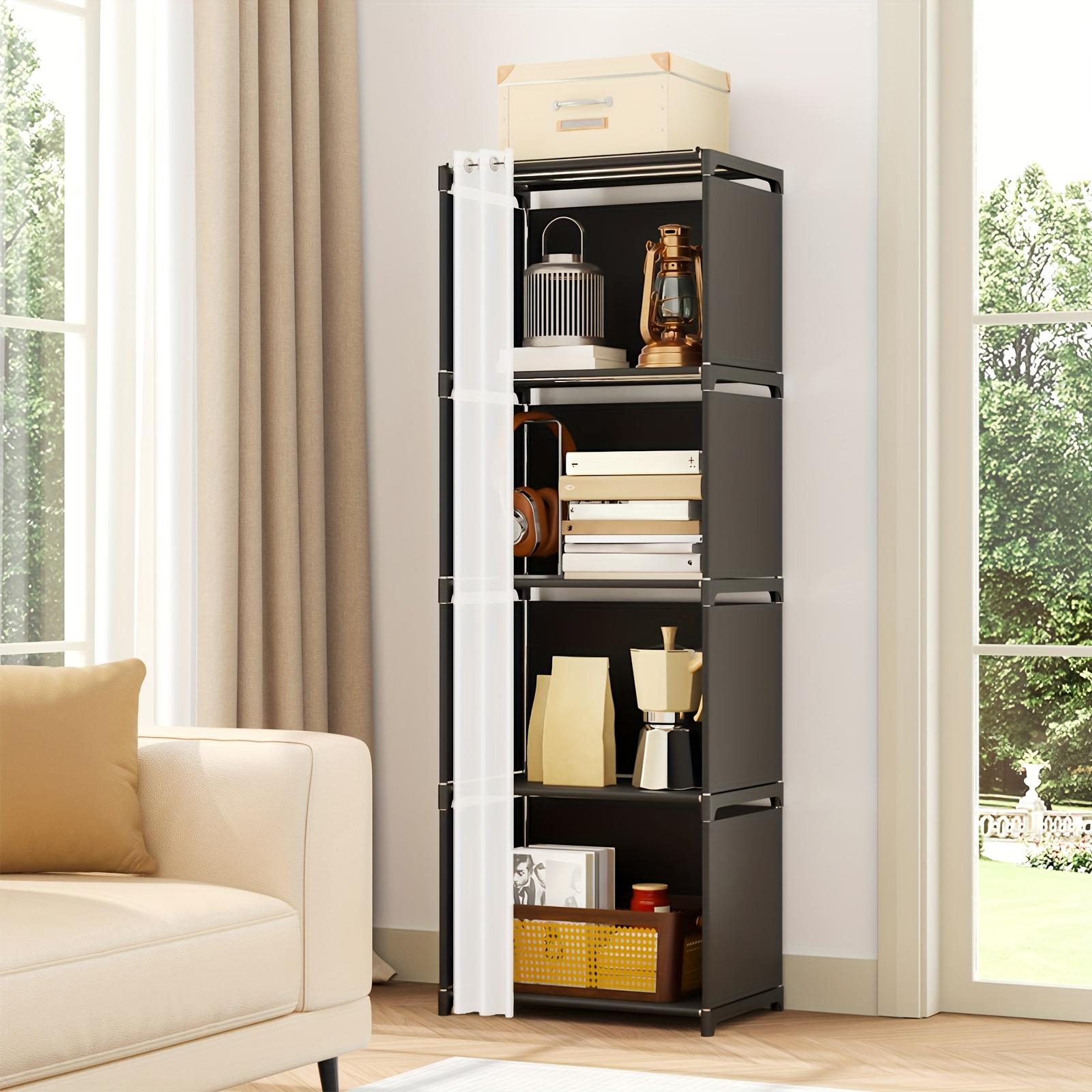 TOMNK Black/White Simple Wardrobe with Four-tier, 15.4*10.9*48.9 Inches, Closet Orqanizers And Storange, Easy-to-assemble Bookshelf, Large Capacity Wardrobe Closet, Free Standing Closet, for Bedroom Living Room Entrance Hall And Kitchen