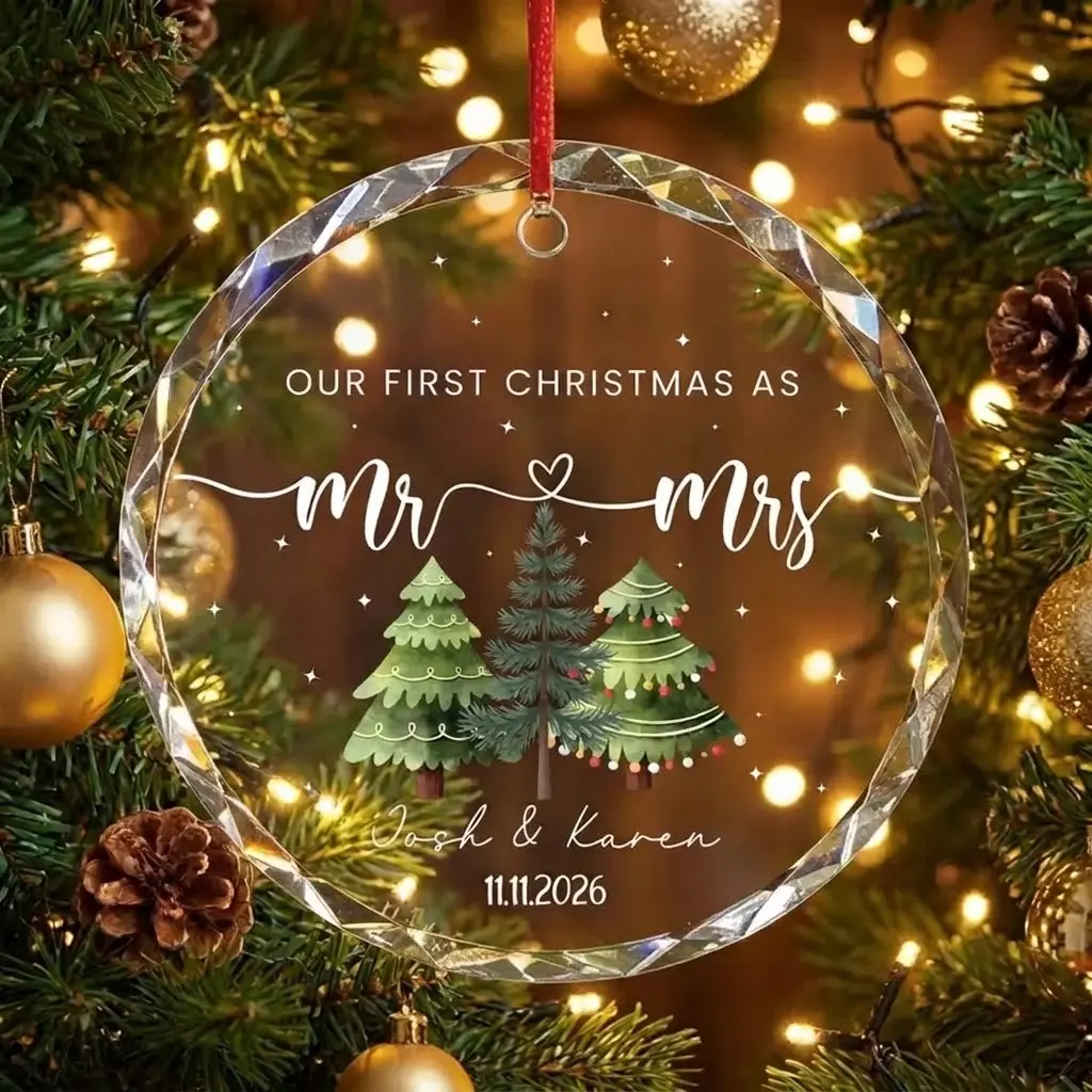 Personalized Our First Christmas as Mr & Mrs Crystal Ornament 2026 | Custom Married Couple Christmas Tree Decor | Elegant Faceted Glass Xmas Bauble Keepsake | Unique Wedding Registry Newlywed Gift for Bride and Groom, Husband and Wife
