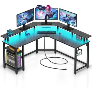 L Shaped Gaming Desk with LED Lights & Power Outlets, 56" Computer Desk with Full Monitor Stand & Storage Shelf, Corner Desk with Hooks, Carbon Fiber Desk ReversibleDesktop computer desk e-sports desk home bedroom desk all-in-one combination