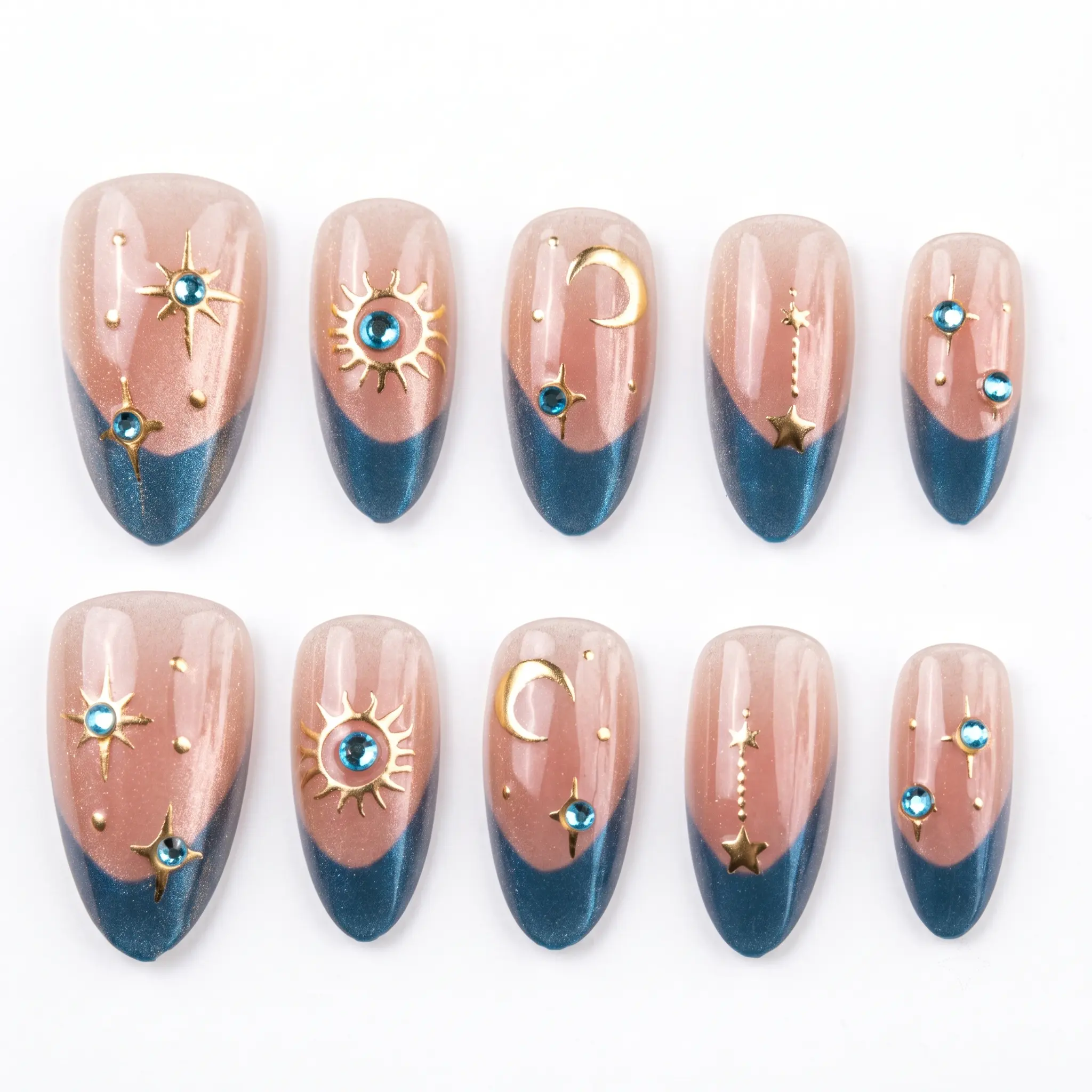 Zatvios Press On Nails, Nude Blue Ombre Almond Fake Nails Kit, 30-Pc Long Lasting & Reusable Set with Metallic French Tips & Glamorous Celestial Rhinestones for Holiday Gifts