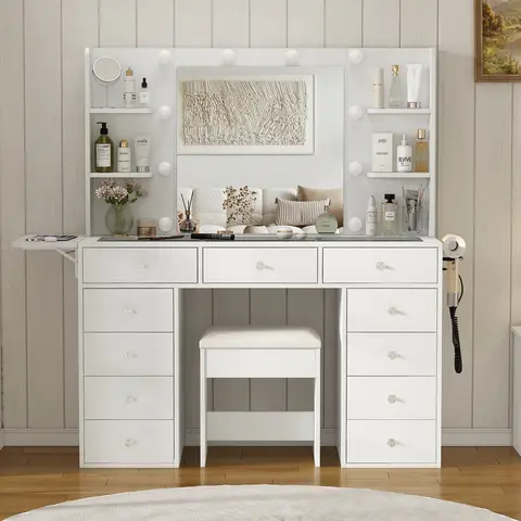 [Shipping by 2 Packages] FUSOU 47.2" 11 Drawers Vanity Desk with Mirror and Lights, White Makeup Vanity with Power Outlet, 4 Open Shelves & Fold-up Panel, Glass Top Vanity with Chair for Bedroom Dressing Room