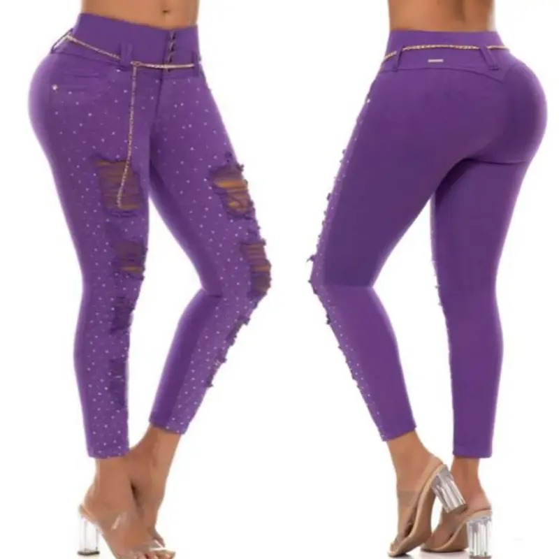 Women's Fashion High-Waist Belted Slim-Fit Ripped Purple Colombian Stretch Denim Pants - Rhinestone Accents, Stylish Design, Lady, Style, Streetwear