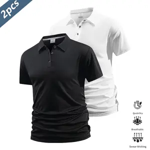 Set of 2 men’s casual short-sleeve polo shirts—quick-dry golf and tennis tops, comfortable riding apparel, stylish men’s sportswear—ideal for casual gatherings, holidays, and travel, featuring contrast color at the neckline and cuffs.