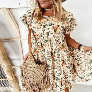 2025 Spring/Summer Hot Round Neck Floral Print Short Sleeve Loose Women's Dress