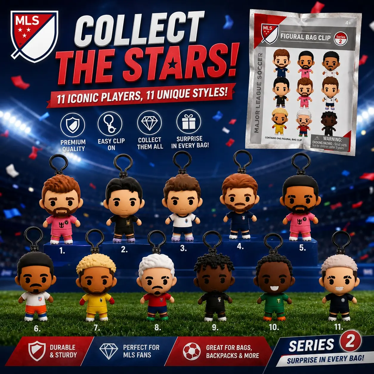 MLS Official Players 3D Foam Bag Clip, Blind Bag Series 2 Mystery Soccer Keychain Figures, Messi Son Muller, Collectible Sports Merch, Fan Gift