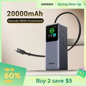 UGREEN Nexode Power Bank 20000mAh 165W with Built-in Retractable USB C Cable Laptop Travel Portable Charger, 100W Input, Fast Charging for MacBook Pro/Air/iPhone 17 16/iPad Pro/Galaxy S25 Ultra/Dell/HP and More ,TikTokShopSpringGlowUp,Greenish