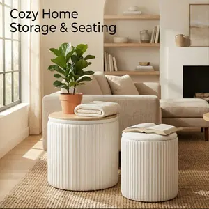 Set Of 2 Round Storage Ottomans with Lids - Upholstered Vanity Stools, Hidden Storage Benches for Living Room, Sturdy Coffee Table Alternative, Easy Assembly