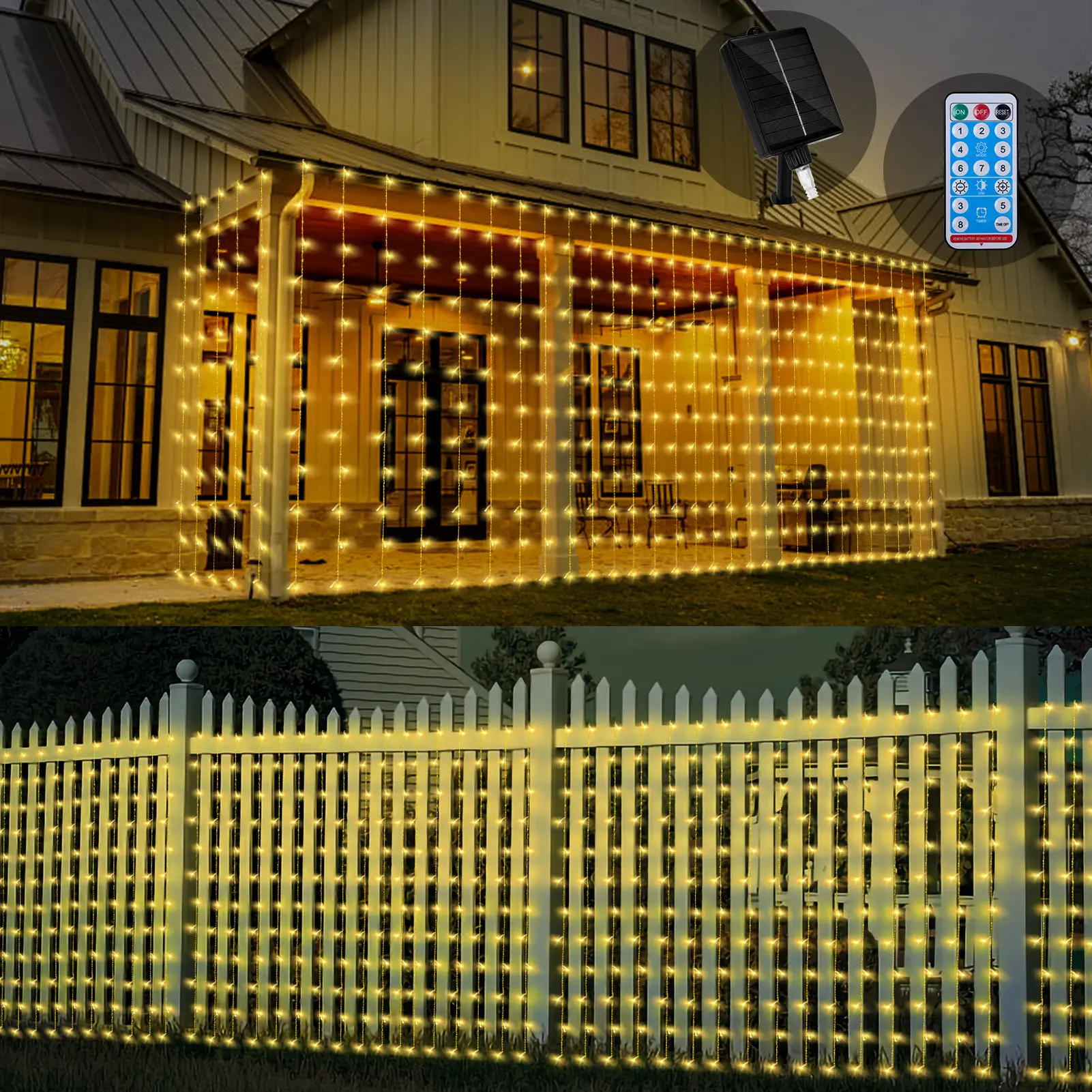 Outdoor Large Size Solar Curtain Lights, 8 Modes Solar String Icicle Lights Garden Christmas Lights Decorations for Patio, Gazebo, Eaves, Fence,Porch