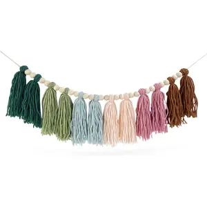 Rainbow Boho Tassel Wall Hanging with Wood Beads - Colorful Pastel Tassel Garland for Kids Room, Classroom, Bedroom, Nursery Home Decoration