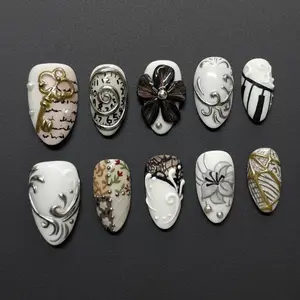 Gothic Vintage Press On Nails | Baroque 3D Nail Art with Key, Clock & Floral Details | Dark Romantic Statement Nails