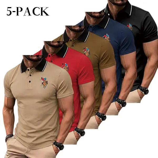 Men's 5-Pack Stylish Printed Polo Shirts - Short-Sleeve Button-Front Polyester Menswear, Lightweight Breathable, Smart Casual Style for Work & Outdoor Use