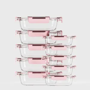 Set of 10 Premium Food-Grade High Borosilicate Glass Containers - Airtight And Leak-Resistant, Safe for Microwave Use, Dishwasher-Friendly, Free from BPA, Ideal for Home Kitchens, Workplaces clear with Lids Pink storage container portable