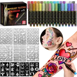 Temporary Tattoo Markers Set, 10/15 Count Body Art Tools + Large Stencils, Flexible Tips, Bright Colors, Halloween Makeup Essentials