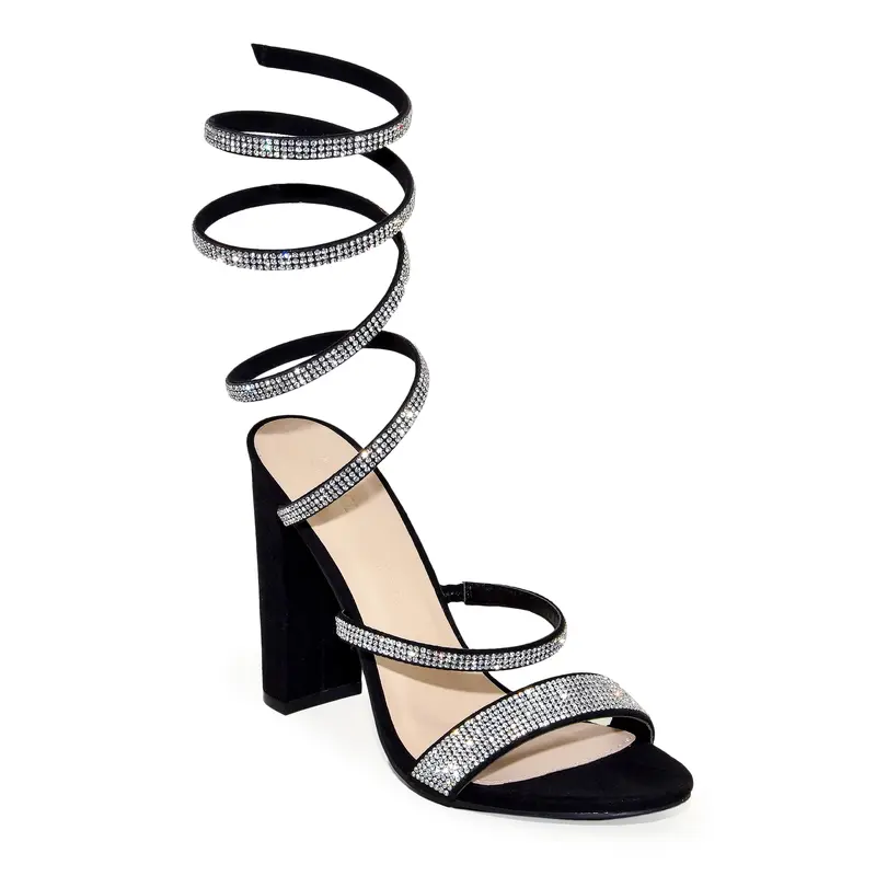 Wild Diva Formal Elegant Spiral Rhinestone Coil Wrap Strappy Ankle Chunky Block Heels Fashion Classy