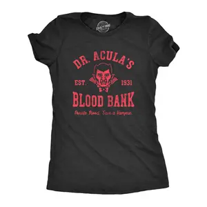 Womens Dr Aculas Blood Bank T Shirt Funny Scary Halloween Party Vampire Donor Tee for Ladies Funny Womens T Shirts Cute Vintage Fashion Casual Ladies T-Shirt Gift Halloween Tops for Women Funny Sarcastic Top Black -