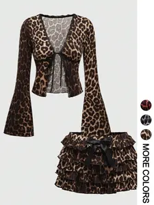 Women's Sexy Fitted Leopard Print Long Sleeve Crop Top with Front Tie, Pleated Leopard Print Mini Skirt 2 Piece Set, Fashionable Chic Party Outfit