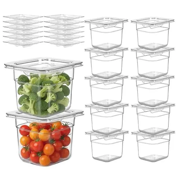 Gaomon 12-Pack 1/6 Size Sturdy Plastic Food Pans with Lids, 6in Deep Stackable Food Storage Containers for Commercial Kitchen & Catering Use