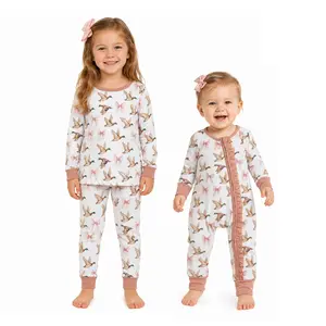 Long sleeves bow duck printed baby girls ruffle zipper sleeper hunting romper