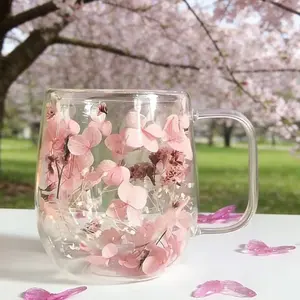 1pc Double-Wall Glass Coffee Cup with Unique real dried flower design - Elegant Glass Mug Drinkware for Coffee, Tea, Milk, Juice - Hand Wash Only, Durable Thermal Cup for Hot/Cold Drinks, Perfect Gift for, Office, Parties & Special Occasions