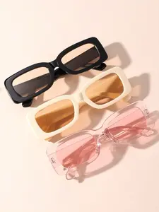 3Pcs Unisex Rectangle Decor Sunglasses, Assorted Color Frame Fashion Shades, Versatile Eyewear for Kids & Adults