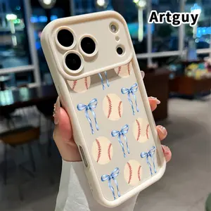 Ribbon and Softball Pattern TPU Phone Case for iPhone 17 Pro Max 16 15 14 Plus 13 12 Mini 11 XR X XS Air E Shockproof Drop Protection Rugged Durable Silicone Cover Cellphone Protective Casing