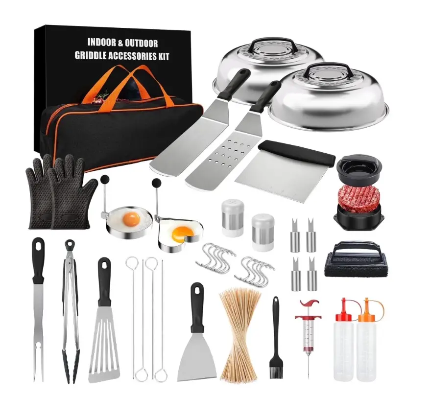 OHHANI 140Pcs Griddle Accessories Kit for Blackstone Camp Chef, BBQ Grill Tools Set with Spatulas, Squeeze Bottles, Tongs, Scraper, Storage Bag, for Outdoor Camping