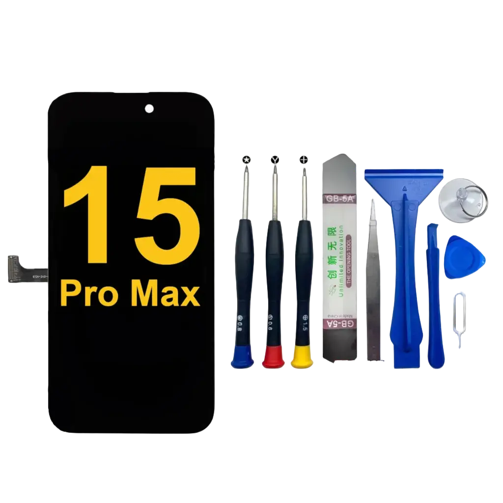 iPhone 15 Pro Max Soft OLED LCD Screen Replacement with Repair Tools Kit, Full Assembly Touch Digitizer, Cracked Screen Fix, Adhesive, Screwdriver Set