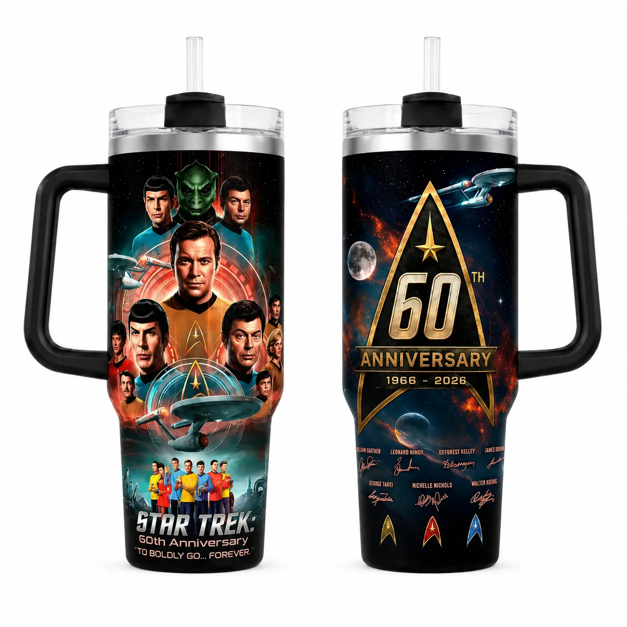 Star Trek 60th Anniversary Tumbler 30oz 40oz With Handle, 1966-2026 Classic Sci Fi Fan Cup With Captain Kirk Spock USS Enterprise Cast Collage Artwork, Not Including The Straw Drinkware Water Bottles
