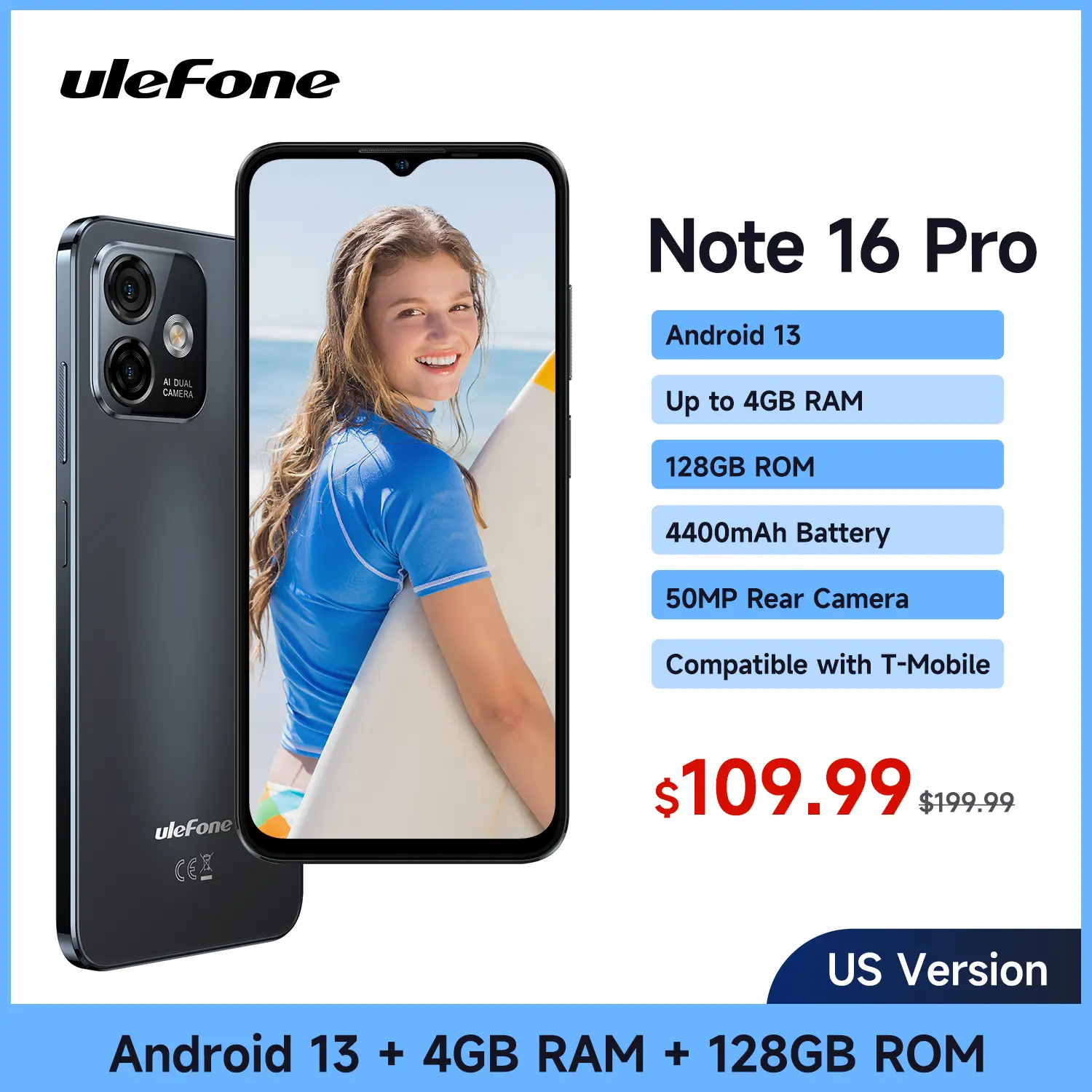 Ulefone Note 16 Pro -Unlocked Mobile Smartphone，US Version-Black Cellphone,4400mAh Battery,50MP AI Camera,12GB (4GB+8Virtual)+ 128GB, 8-Core, 6.52" Di