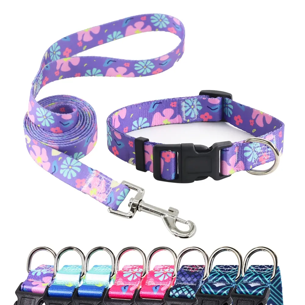 Dog Collar and Leash Set, Leash Combo, Leash Included, Adjustable for Small Medium Large Dogs Puppy, Cute Design with Bohemia Floral Tribal Geometric Patterns Boys Girls Dog Collar