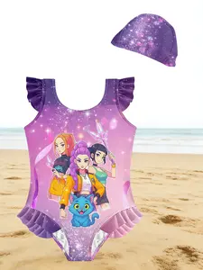 Girls' Anime Girl Group & Cat Print Ruffle Trim One Piece Swimsuit with Matching Sparkle Swim Cap Swimwear Bathing Suits