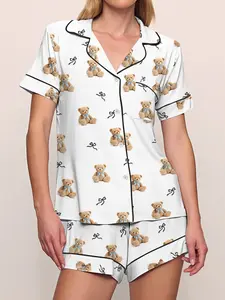 Women's Two-Piece Pajama Set, Short Sleeve Button Up Top, Elastic Waist Shorts, All over Cute Bow Bear Print for All Seasons, Loungewear, Nightwear