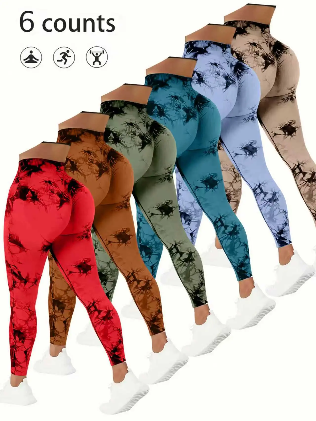 QGU Women's 6-Pack High Waist Tummy Control Shaping Leggings - Tie-Dye Pattern Knitting Fabric, Plus Size, Stretchy Peach Lift, Biking Yoga Running Tights, Assorted Colors, Made in America