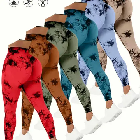 QGU Women’s 6-Pack High-Waisted Seamless Tummy Control Knitting Sports Leggings - Tie-Dye Knit Fabric, Plus Size, Stretch Butt-Lifting, Made in USA, Multiple Colors, for Yoga Biking Fitness, Activewear