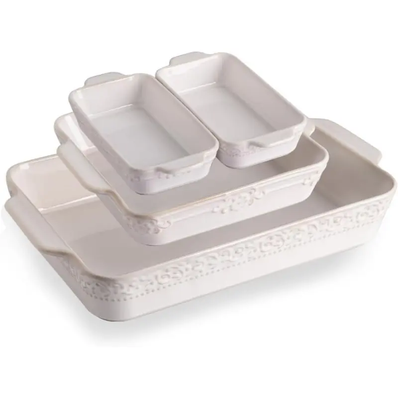 Casserole Dishes for Oven, Ceramic Bakeware Set of 4, Rectangular Baking Dish with Handles, Lasagna Pans for Cooking, Gratin, Roasting, Banquet and Daily Use (Kiln-Change White)-L