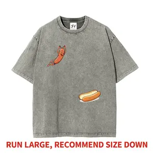 Funny Jumping Hot Dog Graphic Heavyweight Boxy Fit T-Shirt Vintage Washed Oversized Pure Cotton Graphic Tee DTG Printed Silly Humor