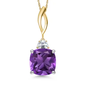 925 Silver and 10K Yellow Gold Purple Amethyst and White Moissanite Pendant Necklace for Women | 6.63 Cttw | Gemstone February Birthstone | Cushion 12MM | With 18 Inch Chain