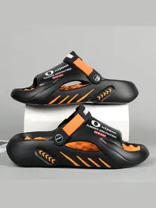 Men's Black - Orange Contrast Casual, Personalized Buckle Design, Lightweight EVA Material, Thick - soled for Heightening and Comfortable Foot Feel, Suitable for Home, Bathroom and Light Outdoor Leisure, Non Slip Slippers