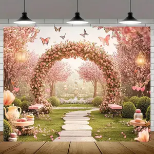 1pc Polyester Spring Garden Delights Photography Backdrop Banner - Vibrant Cherry Blossom Pathway with Butterfly Details & Tea Party Scene, Perfect for Birthdays, Mother's Day Decor, Romantic White Setting