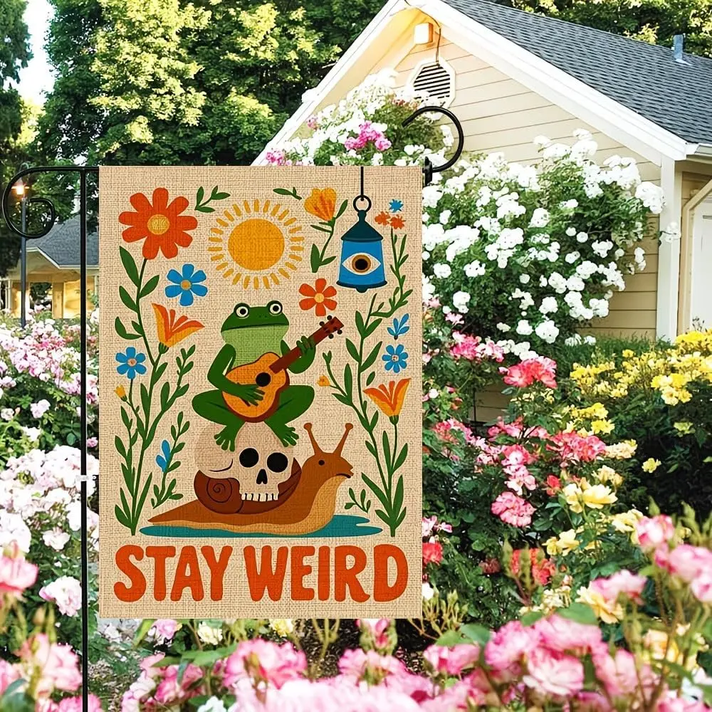 Stay Weird Retro Garden Flag, Double Sided Polyester Fabric, Whimsical Frog Guitar Skull Floral Design, Rustic Farmhouse Patio Porch Yard Outdoor Decor, 1pc Decoration Decorative Hanging