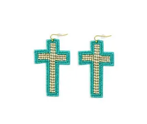 Beaded Cross Dangle Earrings in Teal by Myra Bag